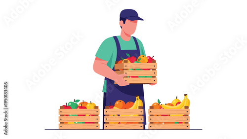 Fresh Produce Delivery: A diligent worker manages fresh, colorful fruits and vegetables within wooden crates. The image exudes a sense of abundance and health.