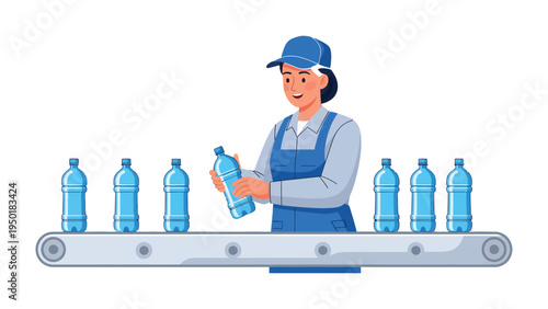 Bottled Water Production: A worker carefully inspects a fresh, transparent water bottle on a production line. The focus is on quality control.