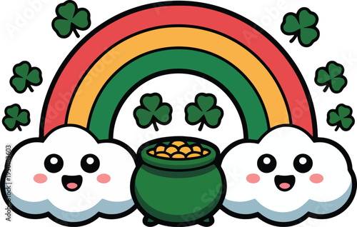 Whimsical cloud creatures guarding a pot of gold beneath a rainbow with shamrocks