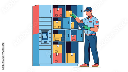 Secure Delivery Process: A delivery worker meticulously organizes packages within a secure locker system, symbolizing efficiency and reliability in modern logistics.