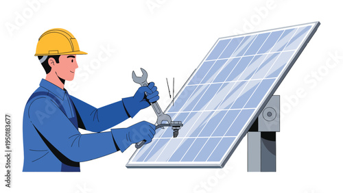 Solar Panel Technician at Work: An skilled technician, adorned in protective gear, dedicates their expertise to the maintenance and repair of a solar panel.