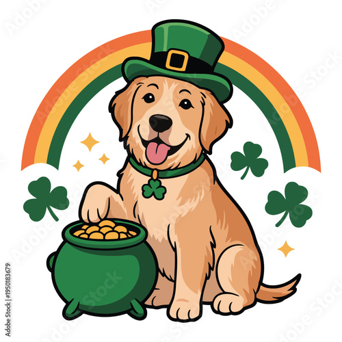 A cheerful golden retriever leprechaun with a pot of gold under a rainbow