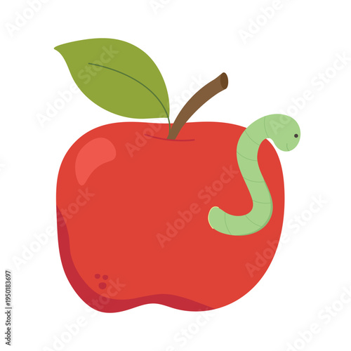 Red apple with worm – cute cartoon fruit vector Illustration on the white background. 