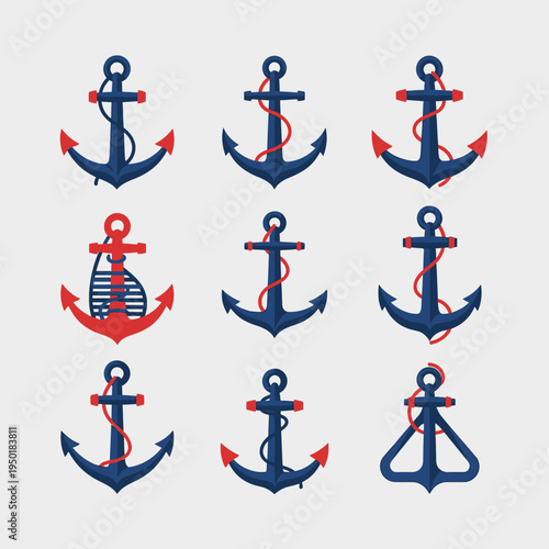 Set of nine nautical anchors, blue and red, isolated on a light gray background
