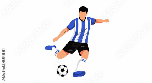 Soccer Player Kicking Ball in a Blue and White Striped Jersey