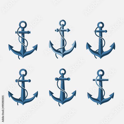 Set of Six Blue Nautical Anchors with Ropes, Isolated on White Background