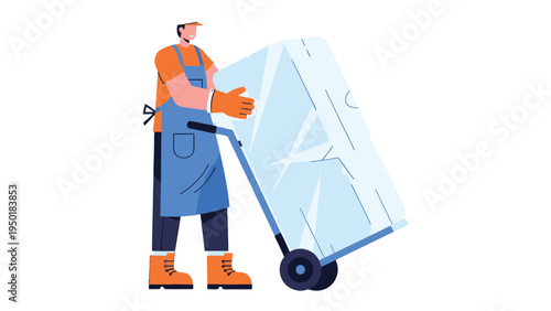 Delivering Cold: A diligent worker transports a massive block of ice, showcasing hard work and the essence of cold transport. 