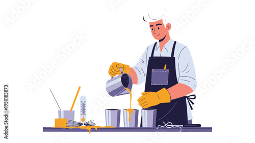 Artisan's Candle Creation: An artisan meticulously pours molten wax into individual candle molds, showcasing the craft of candle making with precision and care.