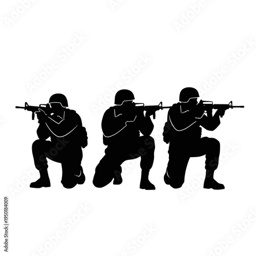 Three Soldiers Kneeling with Rifles, Military Action Silhouette