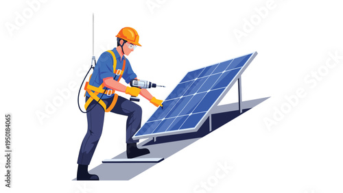 Solar Panel Installation: A technician carefully installs a solar panel on a rooftop, symbolizing the growth of sustainable energy and eco-conscious innovation.