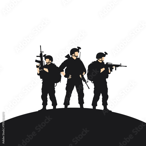 Three soldiers standing on a hill with rifles, military special forces, tactical gear, teamwork