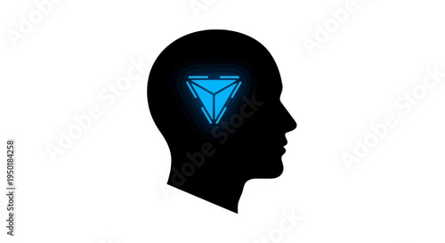 Glowing blue triangle in human head silhouette.