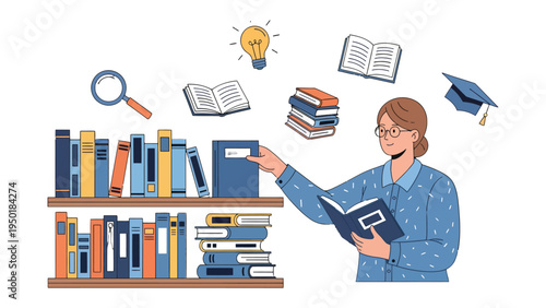 Knowledge and Learning: A dedicated individual explores the world of knowledge, surrounded by books and symbols of learning. She reaches out to books and finds new information.
