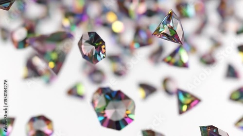 Many Colorful Gemstones Falling Down Against White Background, Slow Motion