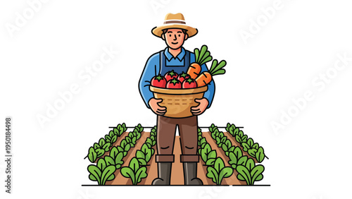 Farmer's Harvest: A dedicated farmer stands proudly amidst his flourishing vegetable garden, holding a bountiful basket of freshly harvested produce.