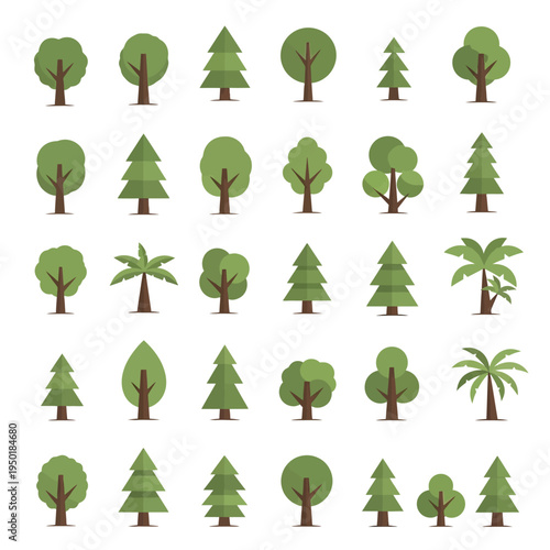 Collection of various cartoon tree illustrations.