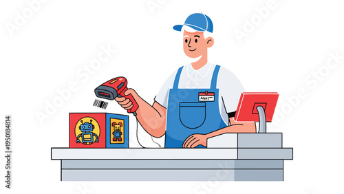 Scanning at the Checkout: A dedicated shopkeeper, adorned in an apron and cap, efficiently scans items at the checkout counter, ready to help customer.