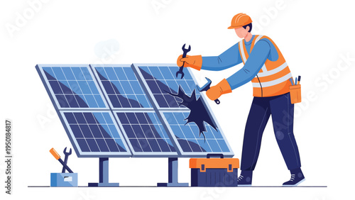 Solar Panel Technician at Work: An efficient technician meticulously repairs a damaged solar panel, emphasizing the vital role of renewable energy and sustainable practices in a contemporary context.