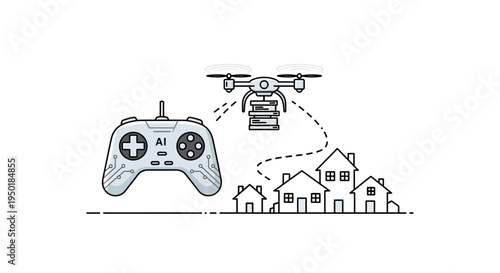 Drone flying over houses with remote control.