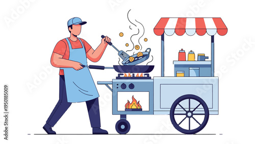 Culinary Cart Delights: A cheerful cook expertly prepares a delectable meal on a mobile food cart, embodying the art of street food.