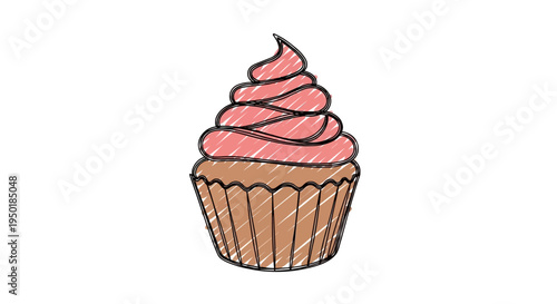 A cartoon illustration of a pink frosted cupcake.