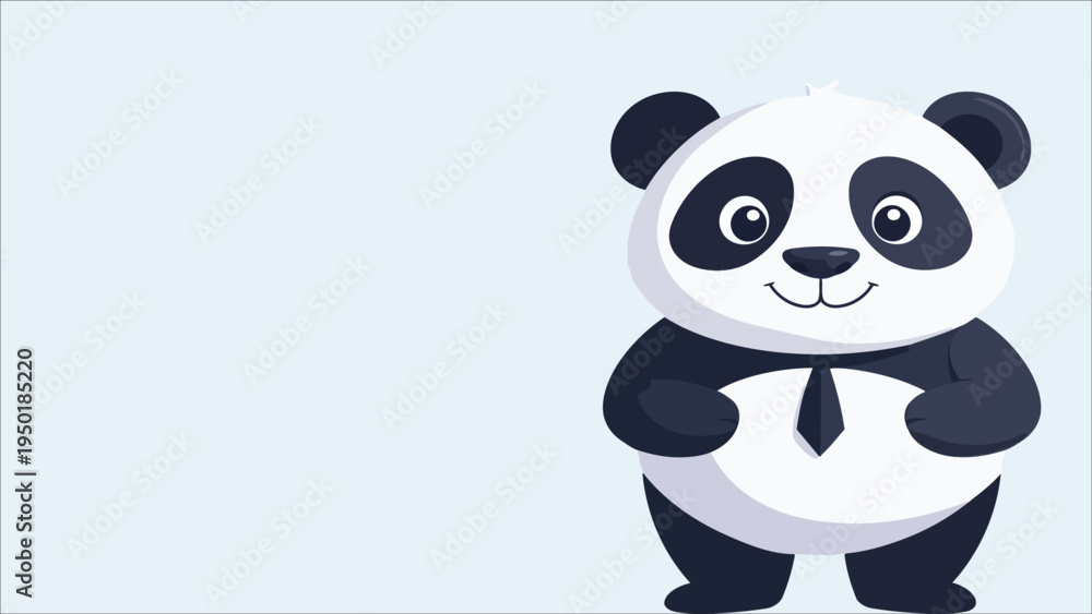 Naklejka premium Cute panda bear character wearing a business tie, smiling cartoon animal mascot, minimal flat vector illustration isolated on light background, friendly panda design for branding, kids content.