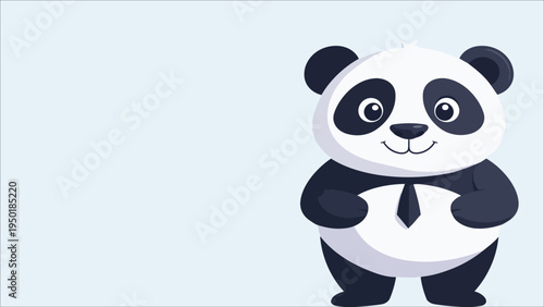 Cute panda bear character wearing a business tie, smiling cartoon animal mascot, minimal flat vector illustration isolated on light background, friendly panda design for branding, kids content.
