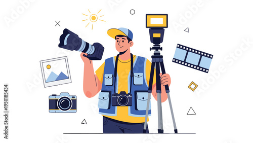 Artistic Vision: Illustration of a photographer poised with camera equipment, ready to capture a moment.