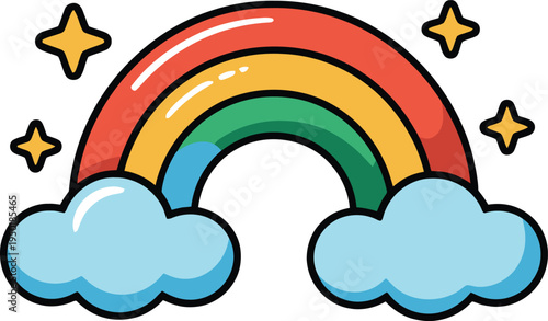 A vibrant rainbow arching over two fluffy clouds with sparkling stars around