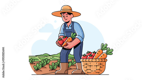 Harvest Season: A diligent farmer, embraces the vibrant bounty of harvest, displaying fresh tomatoes and carrots in a sunny farm setting.