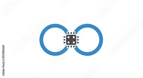 A stylized infinity symbol with a microchip.