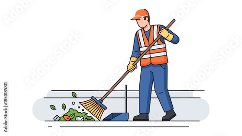 The Dedicated Street Cleaner: A diligent street cleaner sweeps away litter, exemplifying the value of cleanliness and civic duty. Clean street brings safe and tidy environment.