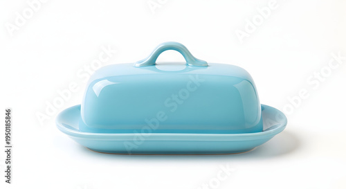 Blue Butter Dish: An elegant sky-blue butter dish, its lid gently perched upon its base, suggests the promise of culinary delights and the simple pleasures of home. 