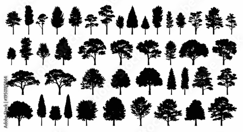 Collection of various tree silhouettes.