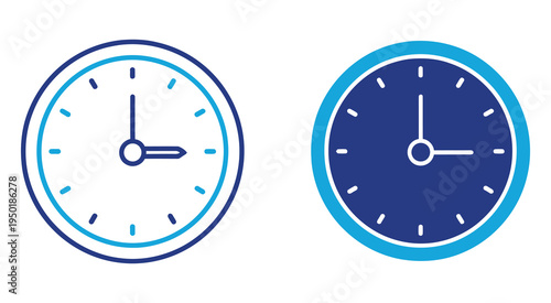 Two stylish clock icons with hour and minute hands in modern blue color scheme designs