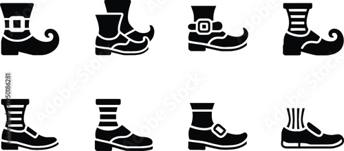 Collection of stylized black and white footwear icons with various designs