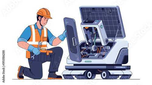 Robot Repairman: A diligent technician, attired in a safety vest and helmet, meticulously inspects the intricate machinery of a futuristic robot. This scene embodies precision.