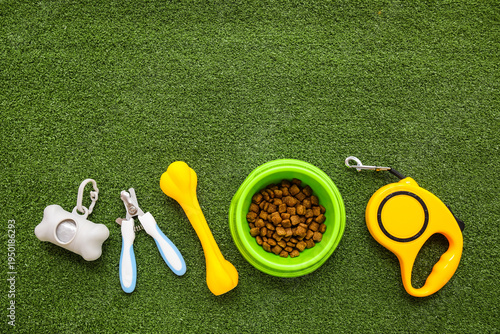 Bowl with dry food and diff...