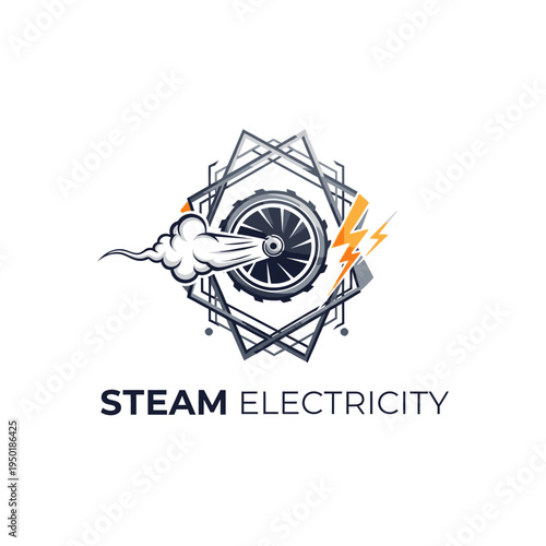 Dynamic steam turbine with lightning bolt and cloud icon in geometric design for electricity generation, on an isolated white background.