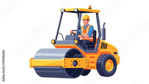 Construction Roller in Action: A dedicated construction worker steers a robust road roller, a pivotal machine in the shaping and maintenance of our roadways and infrastructure.