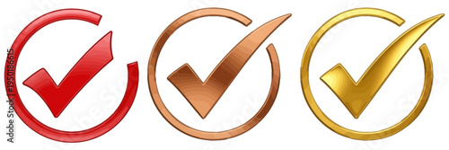 Three dimensional checkmarks in red bronze and gold