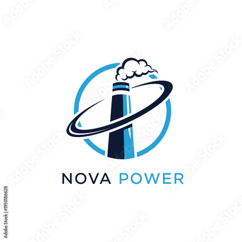 Modern Chimney Logo with Blue Smoke Cloud and Circular Frame, Nova Power Concept, isolated white background.