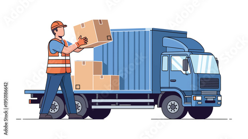 Delivery Man with Truck: A delivery man is carefully loading cardboard boxes onto a blue truck, representing the efficiency and reliability of logistics and transportation. 