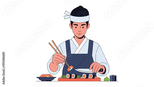Sushi Chef: A skilled sushi chef delicately crafts a fresh sushi roll, embodying precision and artistry with every cut.