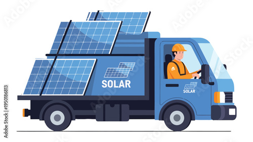 Solar Panel Delivery: A utility vehicle, laden with solar panels, is driven by a professional, symbolizing the essential role of green energy in our modern society.