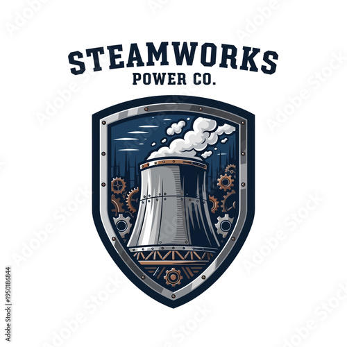 Steamworks Power Company Logo with Industrial Cooling Tower and Gears on Shield Emblem on Isolated White Background