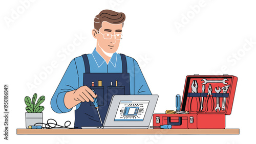 Tech Specialist: A skilled technician, immersed in the intricate world of computer repair, meticulously works on a laptop, his focus unwavering as he ensures optimal functionality.