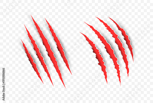 Scratch claw mark tiger bear red paw icon. Animal lion slash claw vector wild monster shape design.