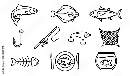 Fish line icon set fishing equipment and marine symbols editable stroke vector isolated on white background