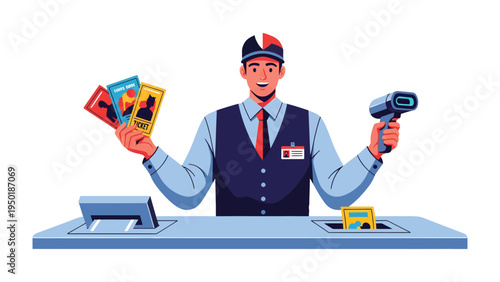 Service Sector: A cheerful attendant, holding a barcode scanner and array of cards, exudes professionalism and competence, ready to assist customers. 